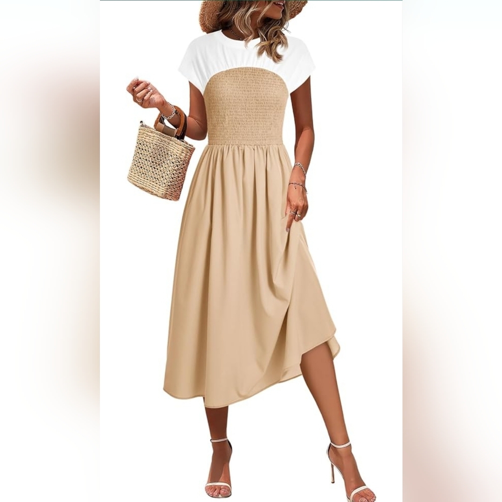 NEW Wenrino Elegant Tan and White Women's Dress